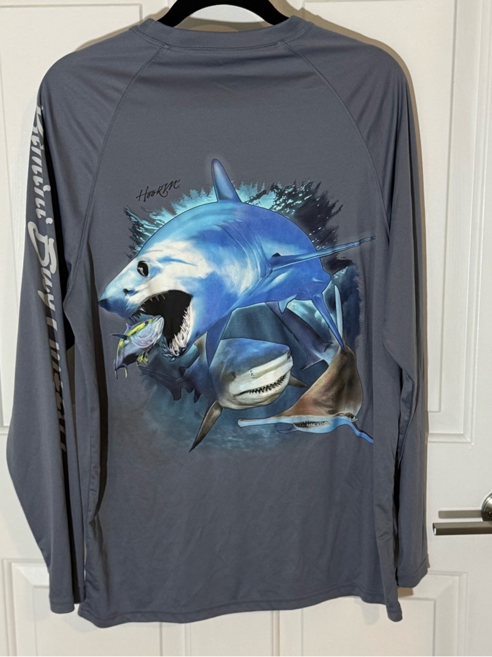 Men's Medium Gray Long Sleeve Performance Shirt with Shark Graphic